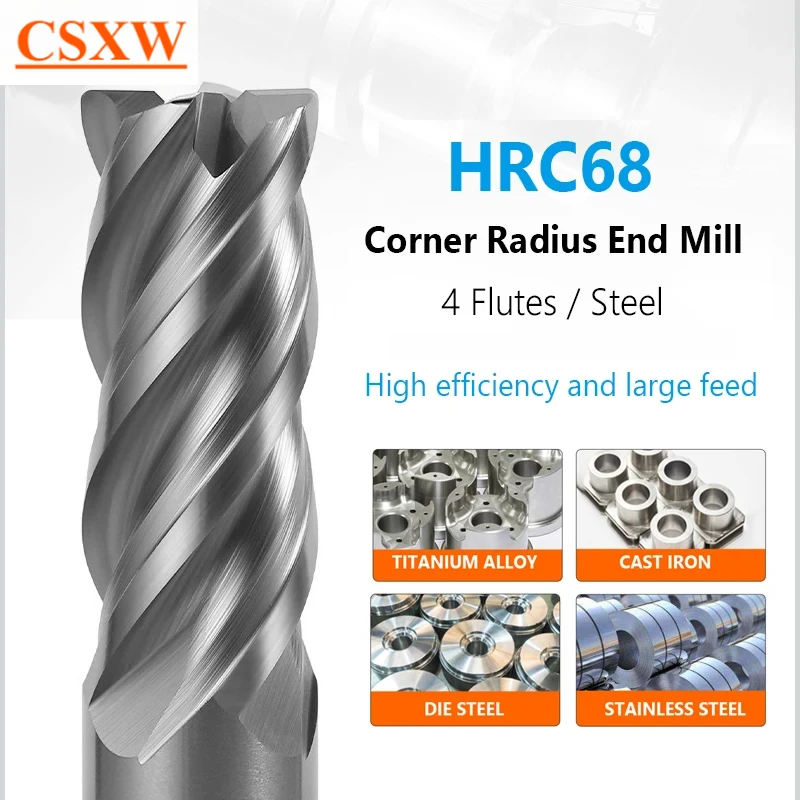 

HRC70 Corner Radius End Mill 4 Flutes R0.5 R1 R2 Bullnose CNC Tungsten Carbide Steel Cutter Surface Machining Metal Router Tool