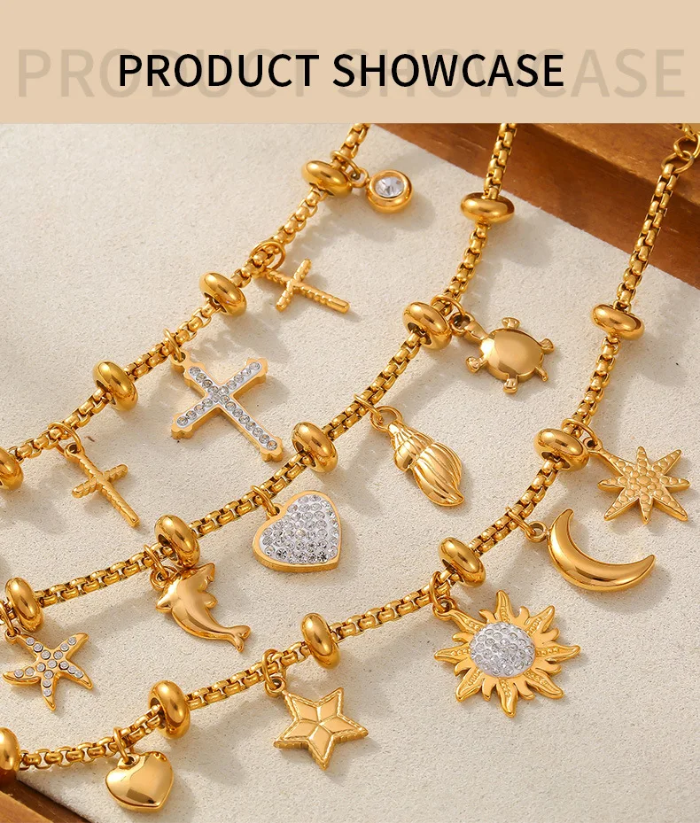 316l Edelstahl Kreuz Mond Sterne Anhänger Armreif Frauen Vintage Strass Herz Armband Luxus vergoldeten Schmuck Geschenk – Detail 8