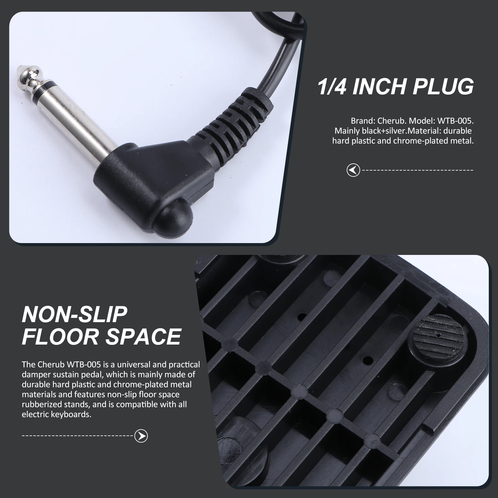 

Cherub -005 Sustain Pedal For Keyboard Damper Pedal 150Cm Cable 1/4 Inch Plug Black+Silver Hard Plastic Chrome Metal Non-Slip