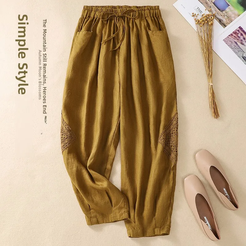 Verão novo pesado bordado algodão linho cintura elástica emagrecimento harlan calças lanterna artística pequeno pé faionable