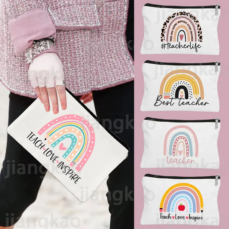 Rainbow Teach Love Inspire Print Pencil Case School Stationery Supplies Storage Bags Travel Wash Pouch Makeup Bag Teacher Gifts