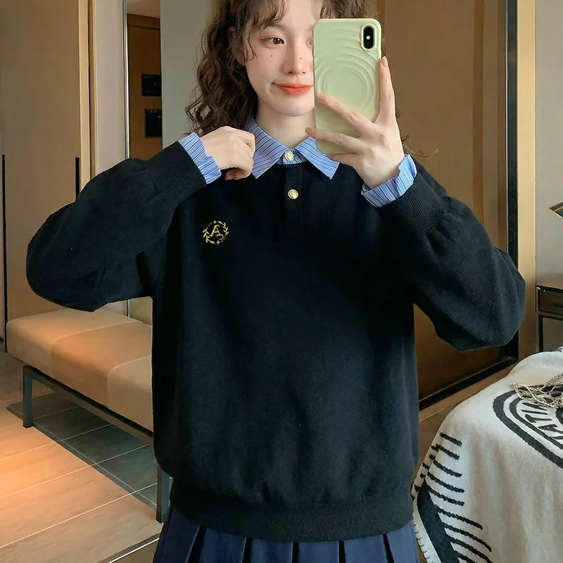 Spring Autumn Women Thin Sweatshirt Embroidery Craft  Korean Splicing Loose Fit Fake Two-Piece Shirt Collar Design Daily Top