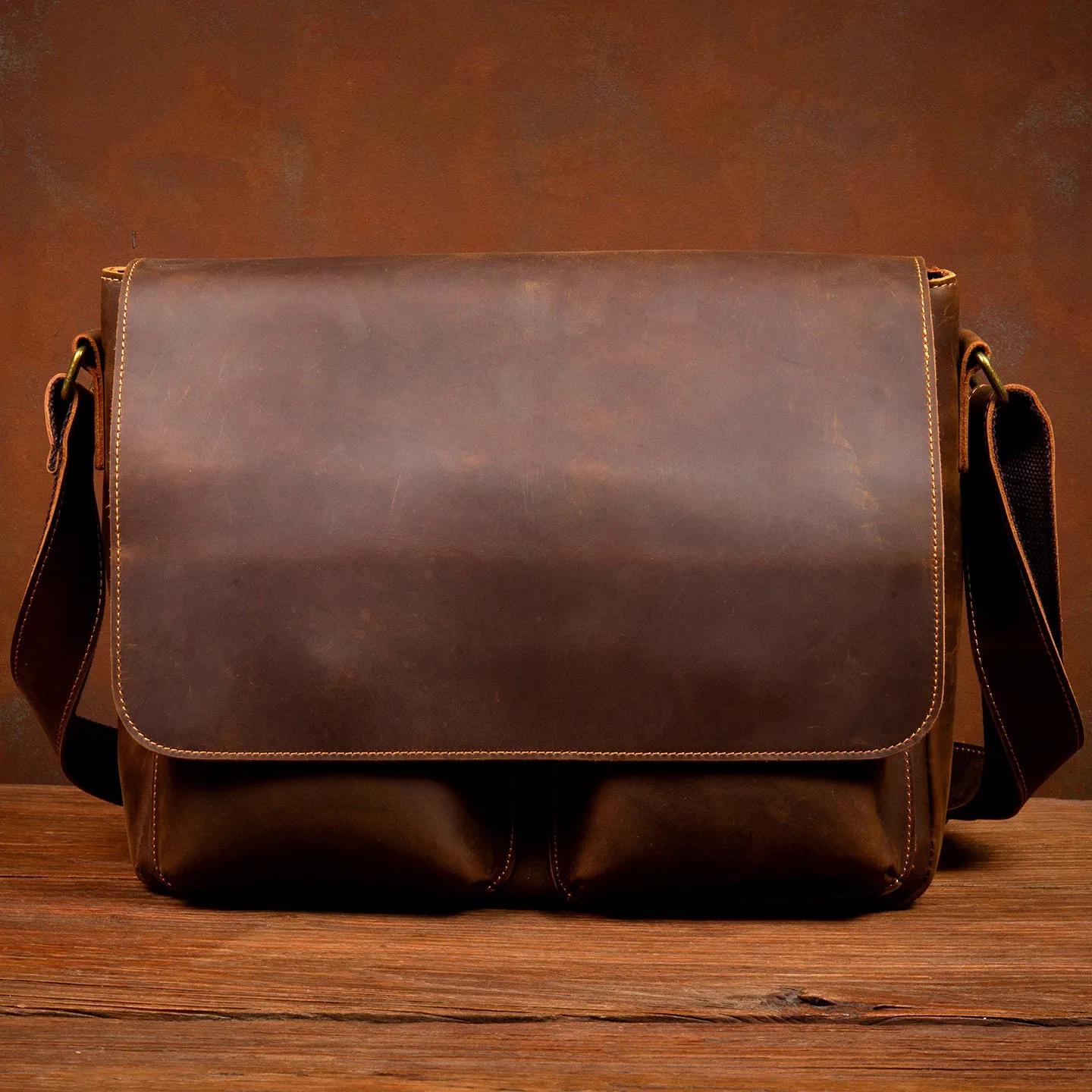 Horizontal Vintage Crazy Horse Leather Crossbody Bag, Genuine Leather Shoulder Bag, Top-Grain Cowhide Men's Sling Bag