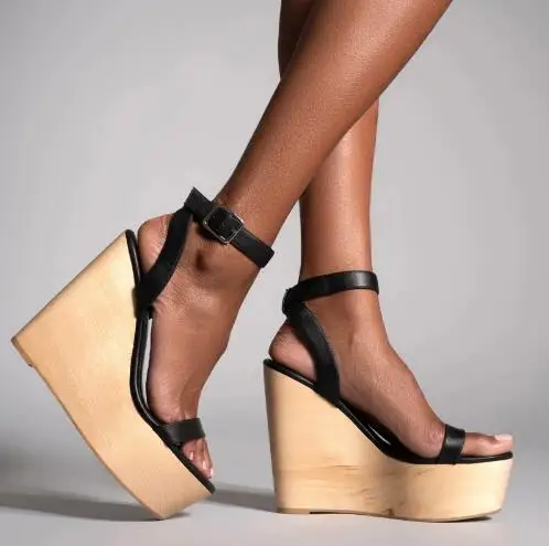

New Black Leather One Line Ankle Buckle Strap Wood Pattern Wedges Platform Summer Sandals Wmen Thick Sole High Heel Party Shoes