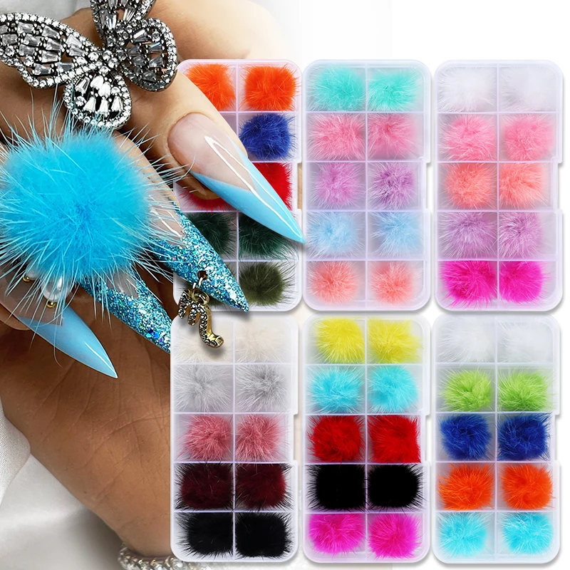 10pcs/box Kawaii Pompoms Nail Charms 3D Magnetic Detachable Fluffy Hairballs For Manicure Design French Nail Art Accessories Set