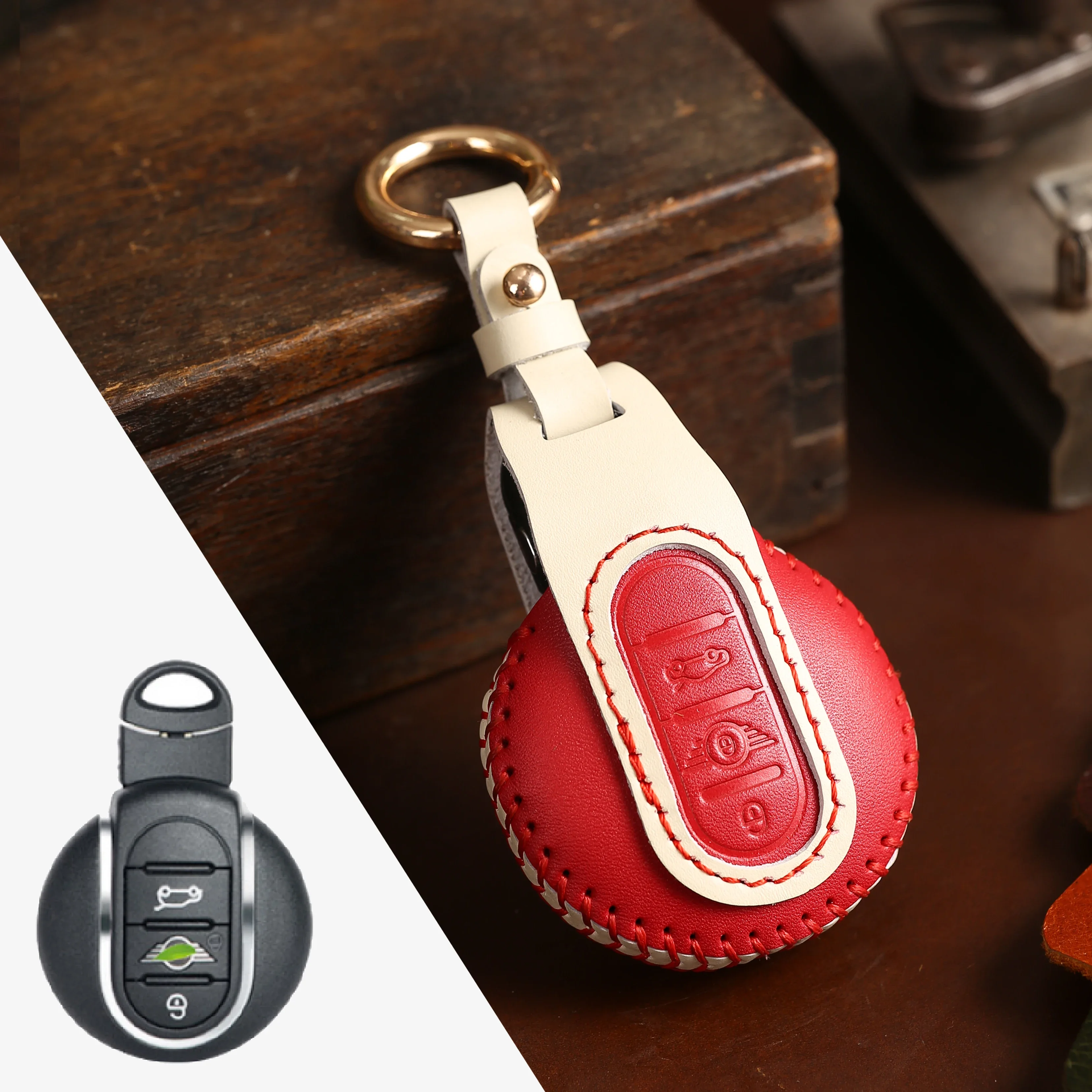 Leather Car Key Case Cover Fob Protector Accessories Keyring for BMW Mini Countryman Cooper F54 F55 F56 3 Button Keychain Holder view 5