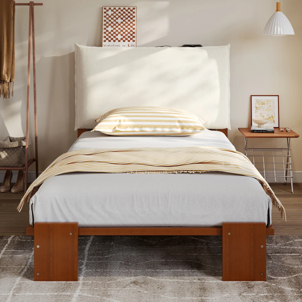 PINGGO Dunkelbraunes Polsterbett Einzelbett 90x200cm Samt-Kopfteil Stabiler Lattenrost Verbreiterte Beine Ohne Matratze – Detail 4