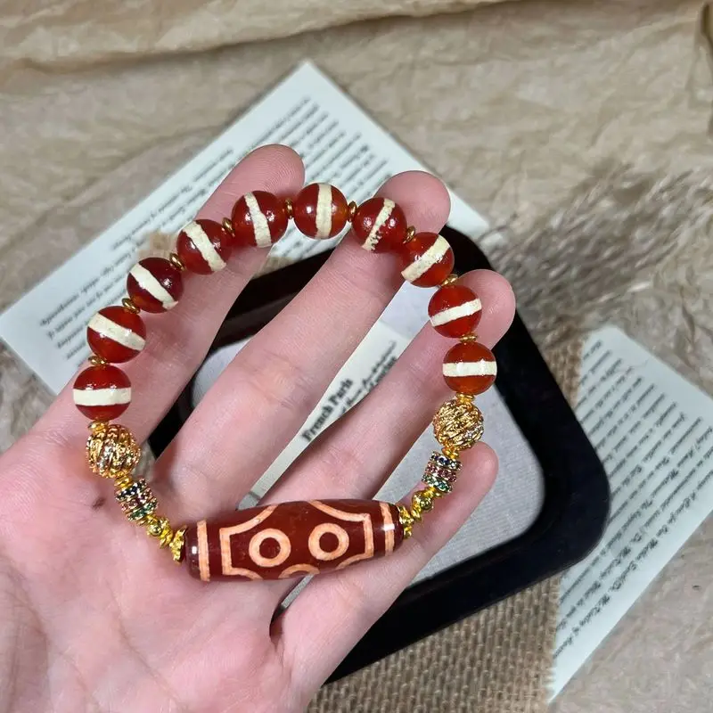 Tibetan-Style Seven-Eyed Dzi , Red-Colored, With A Single Thread Of Beads And Copper Accents, Bracelet, Buddhist Prayer Bea