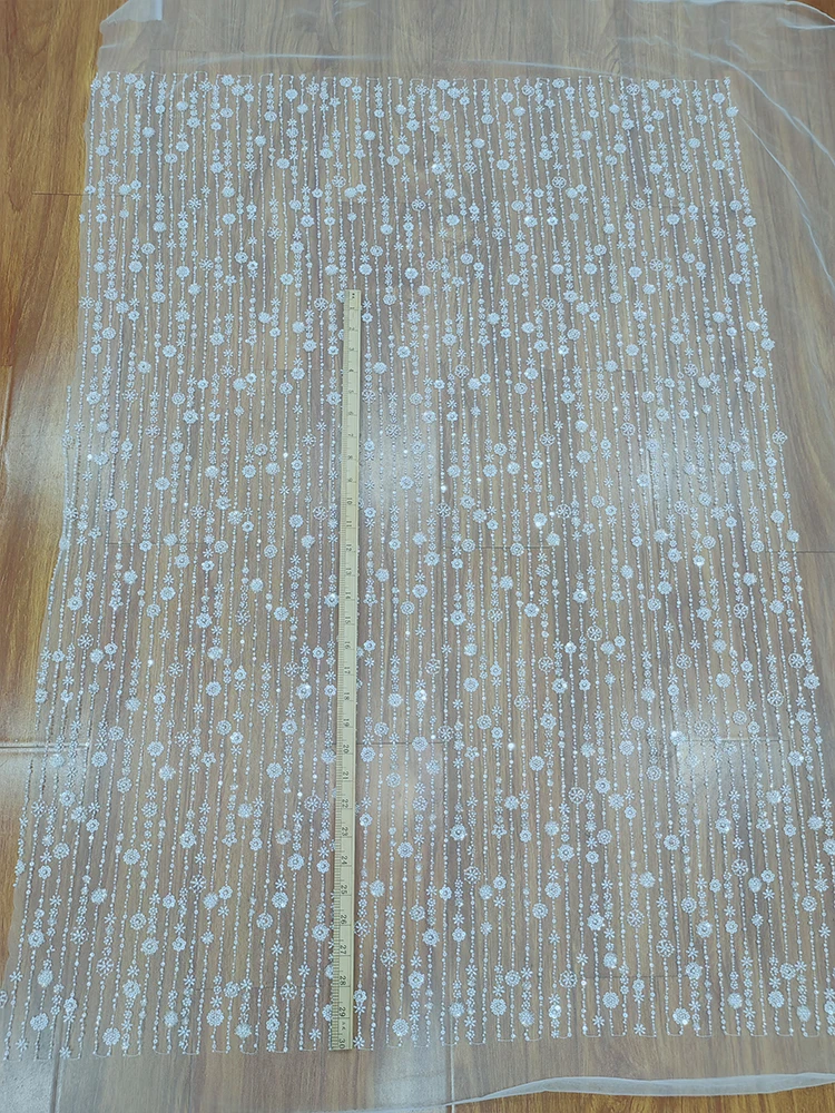 Milk White Sequins Beading Cloth, Bridal Dress Accessories, Striped Flower, 3D Lace Fabric