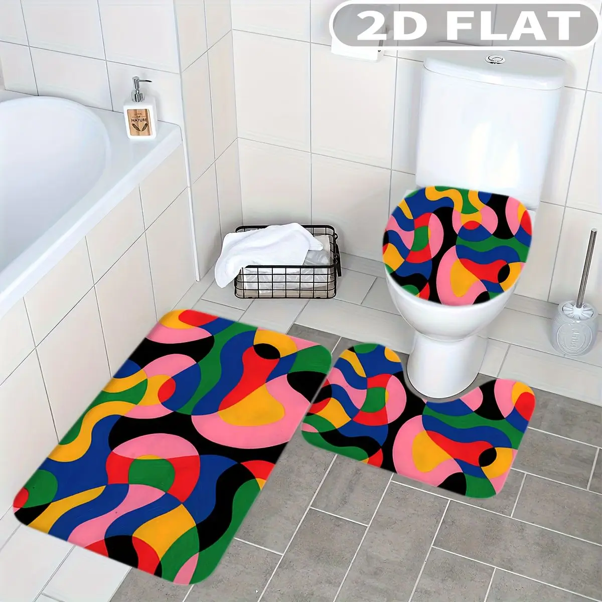 

3pcs Bathroom Rug Set Colorful Abstract Waves Pattern Design Non-Slip Includes Bath Rug Contour Mat and Toilet Lid Cover Mat