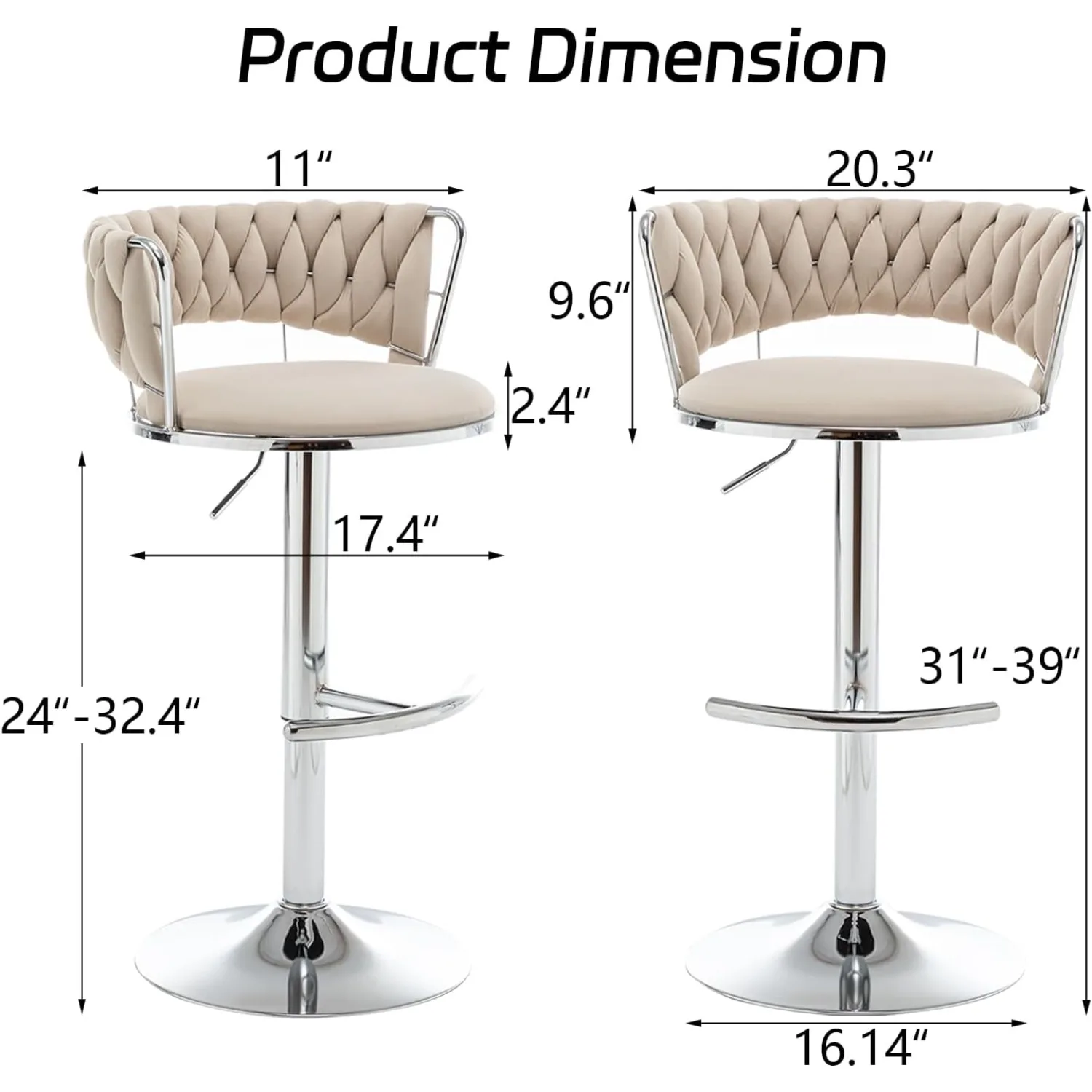 Velvet Bar Stools Set of 2, Counter Height Bar Stools with Low Back, Swivel Bar Stool for Kitchen Island, Pub