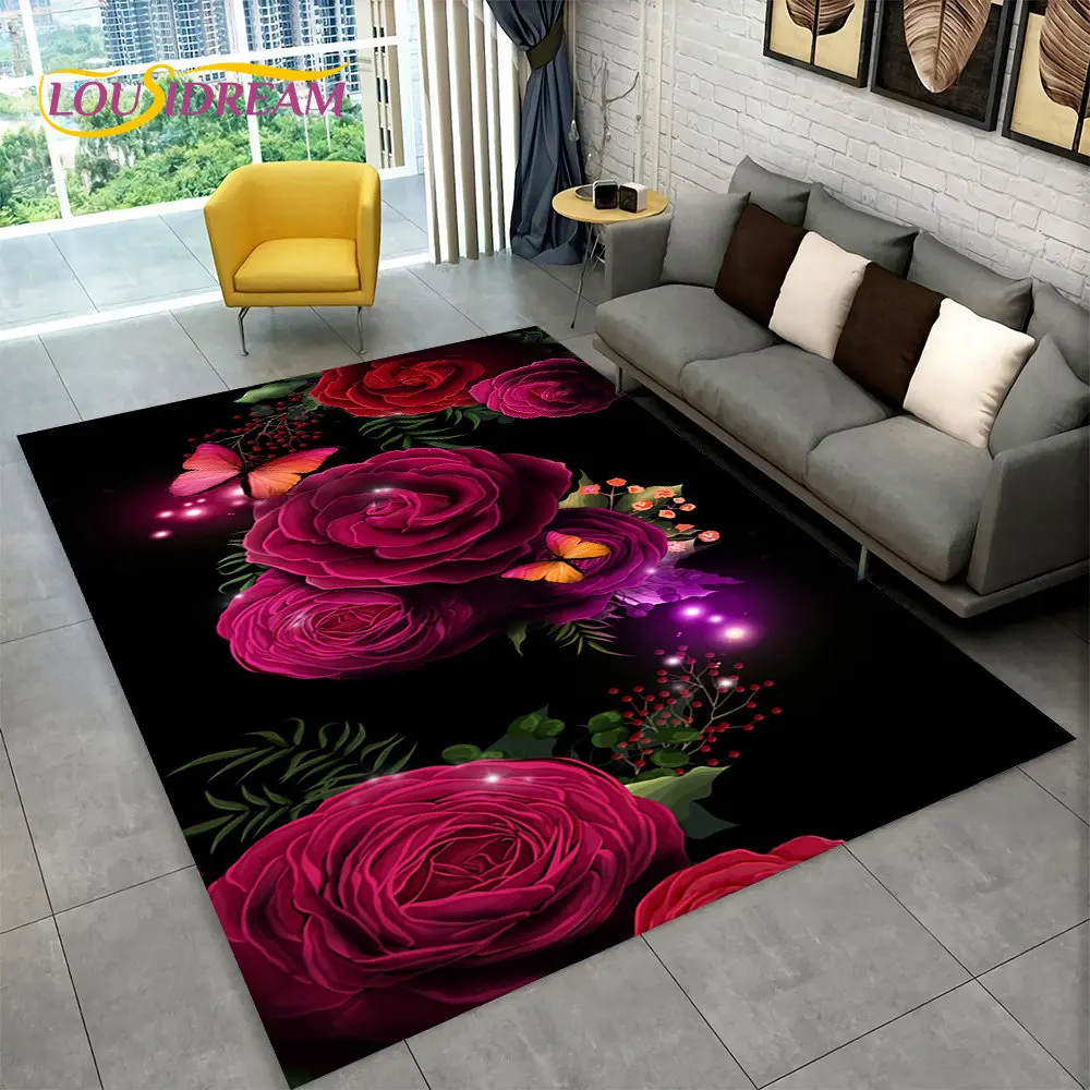 3D Nordic Luxury Flower Rose Area Rug Large,Carpet Rug for Home Living Room Bedroom Sofa Doormat Decor,Kids Non-slip Floor Mats