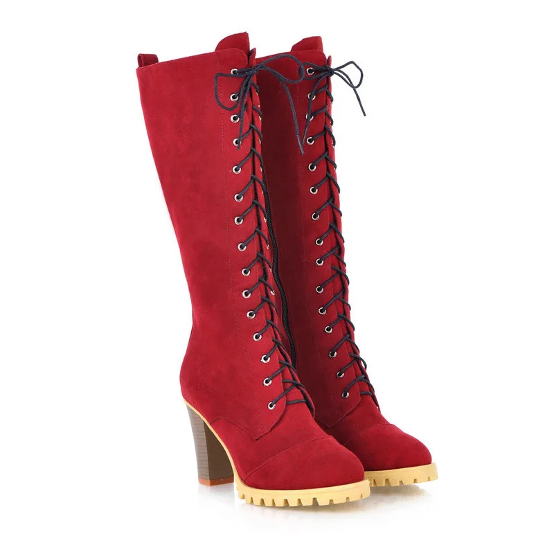YMECHIC Fashion Cross Tied Lace Up Mid Calf Knight Boots donna tacchi alti rosso nero Flock autunno inverno scarpe per le donne 2023