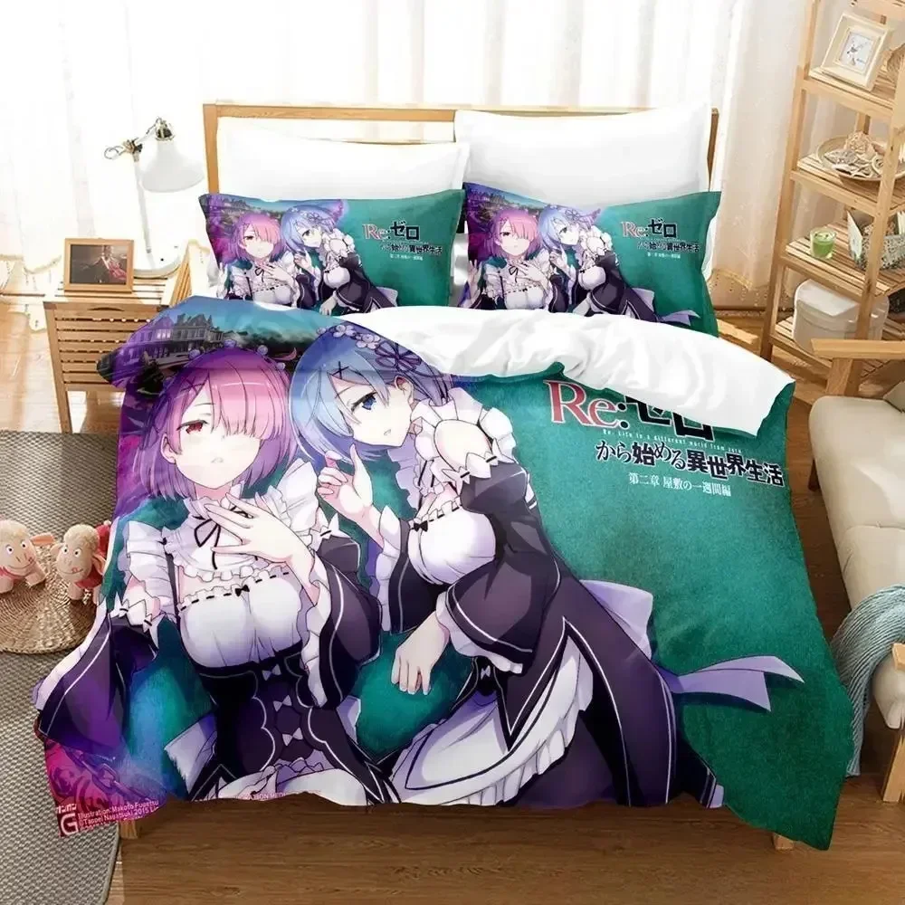 New Re Zero Rem Ram Bedding Set Cartoon Anime three-piece set Adult Kid Bedroom Duvet cover Sets 3D Kawaii Girl Home textile