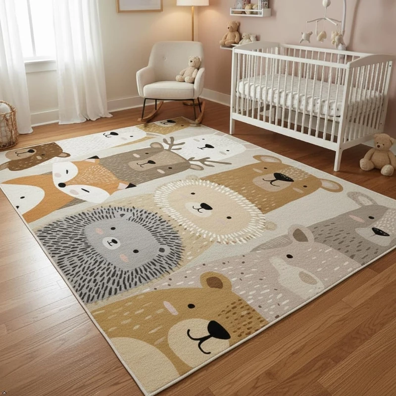Bedroom Bedside Rug Soft Fluffy Floor Mat Beige Cute Woodland Animal Carpet Large Size Home Decoration Rugs Alfombra