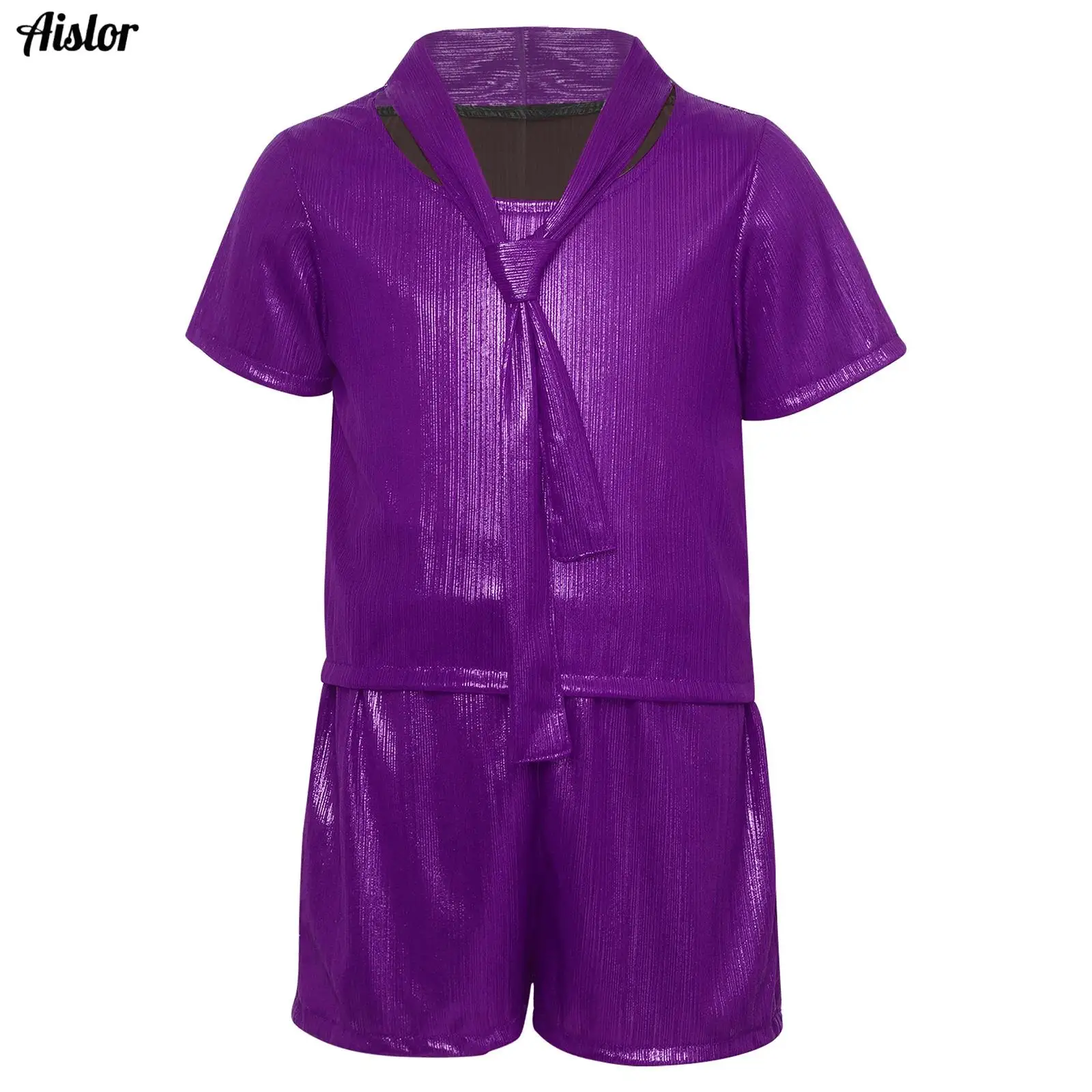 Girls Hip Hop Jazz Streetwear Short Sleeve Metallic T-shirt Top with Shorts Kids Disco Dance Party Performance Costume Set