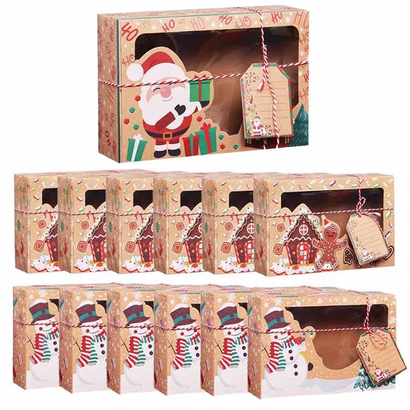 3/6/9/12pcs Christmas Cookie Box Clear Window Kraft Paper Candy Boxes Packaging Bag Party Favor Kids Gift New Year Navidad Decor