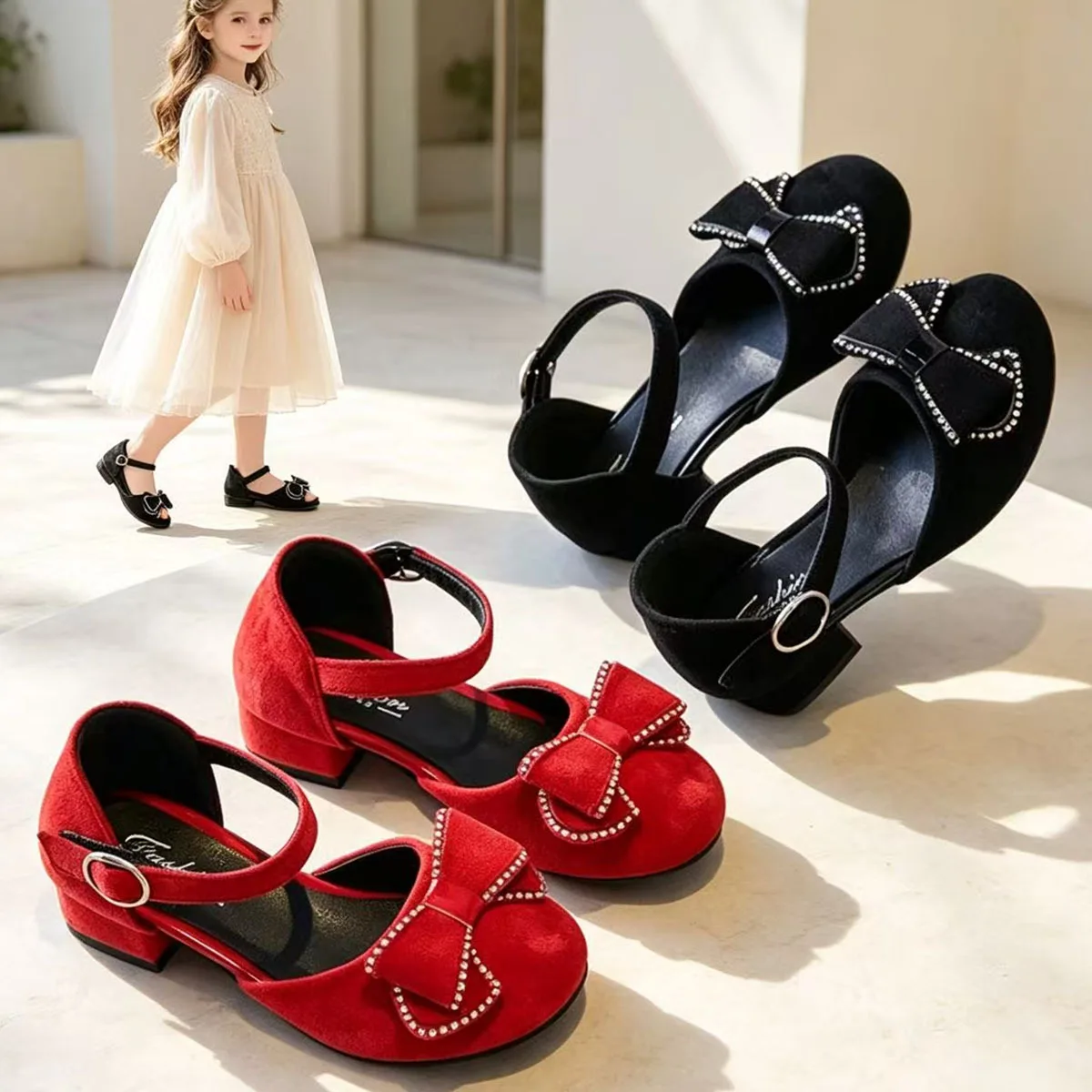 Girls Bow Spring Autumn Low-Heel Soft-Soled Mary Jane Shoes Non-Slip PU Leather Shoes Children Kids Shallow Casual Shoes Baby