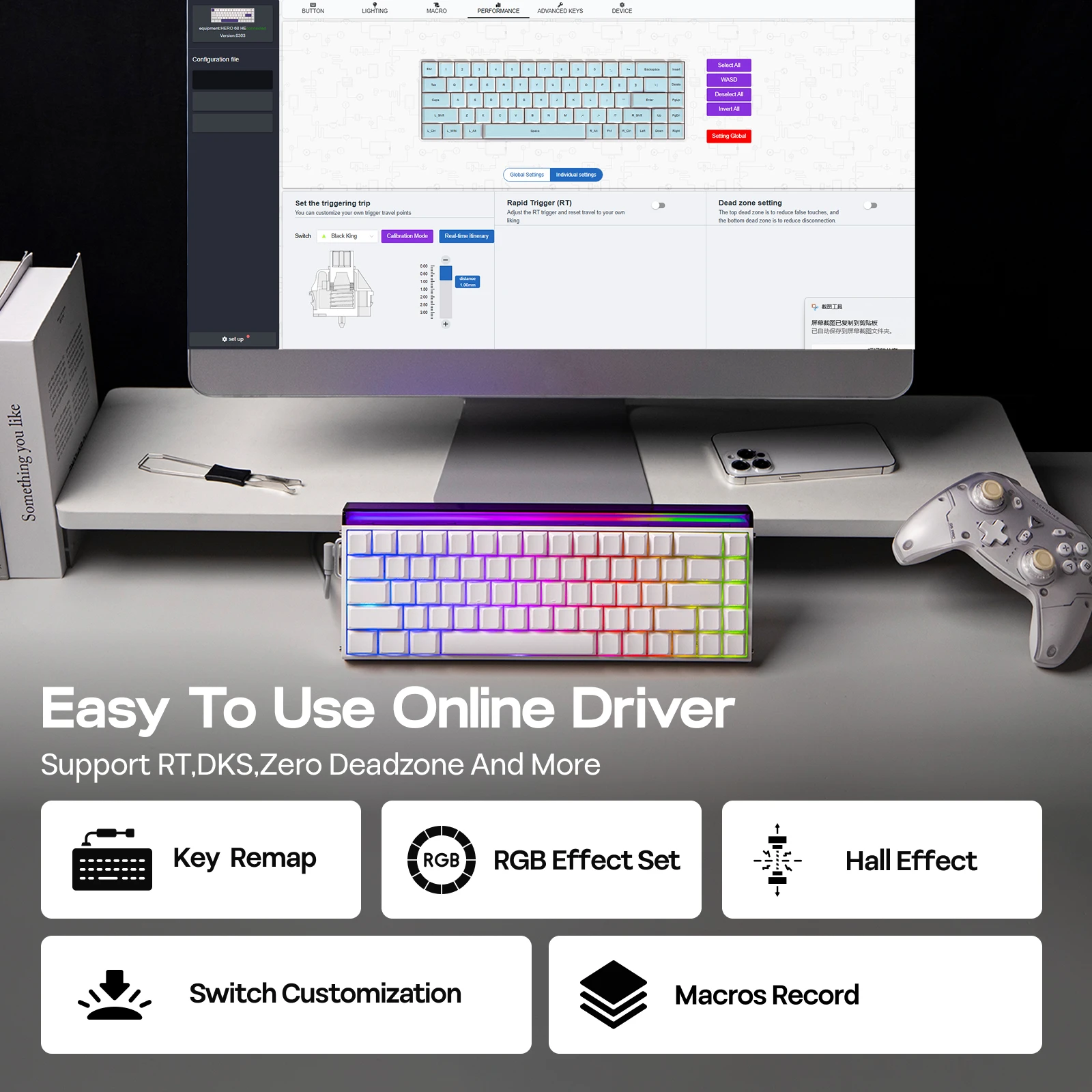 AULA Hero68 เขา 65% ANSI QWERTY เค้าโครงแบบมีสายแม่เหล็กคีย์บอร์ด Hot-Swap 8kHZ Rapid Hall Effect สวิทช์ RGB Backlight