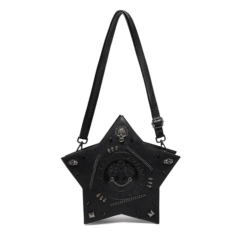 

Dark Gothic Skull Pentagram Shoulder Bag Unisex Punk Designer Casual Totes Women Fashion Retro Handbag Gifts Black Leather