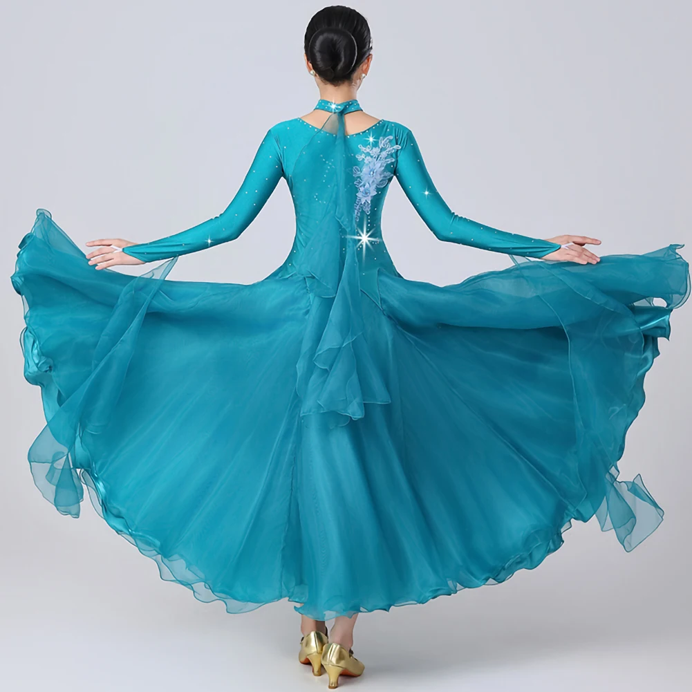 Vestido de competición de baile estándar, calcomanía de baile de salón de manga larga para mujer, vestido ajustado de práctica de baile con cuello redondo y diamantes de imitación