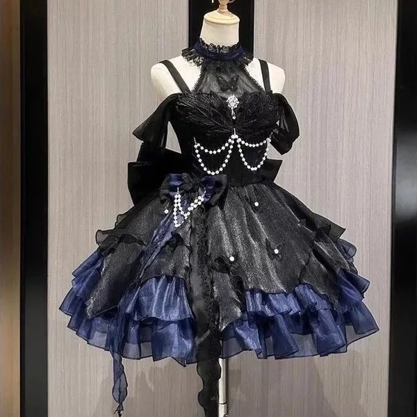 

Japanese Style Gothic Lolita Jsk Dress Girls Vintage Sweet Lace Bow Ruffles Party Cake Dresses Harajuku Y2k Slim Bandage Dress