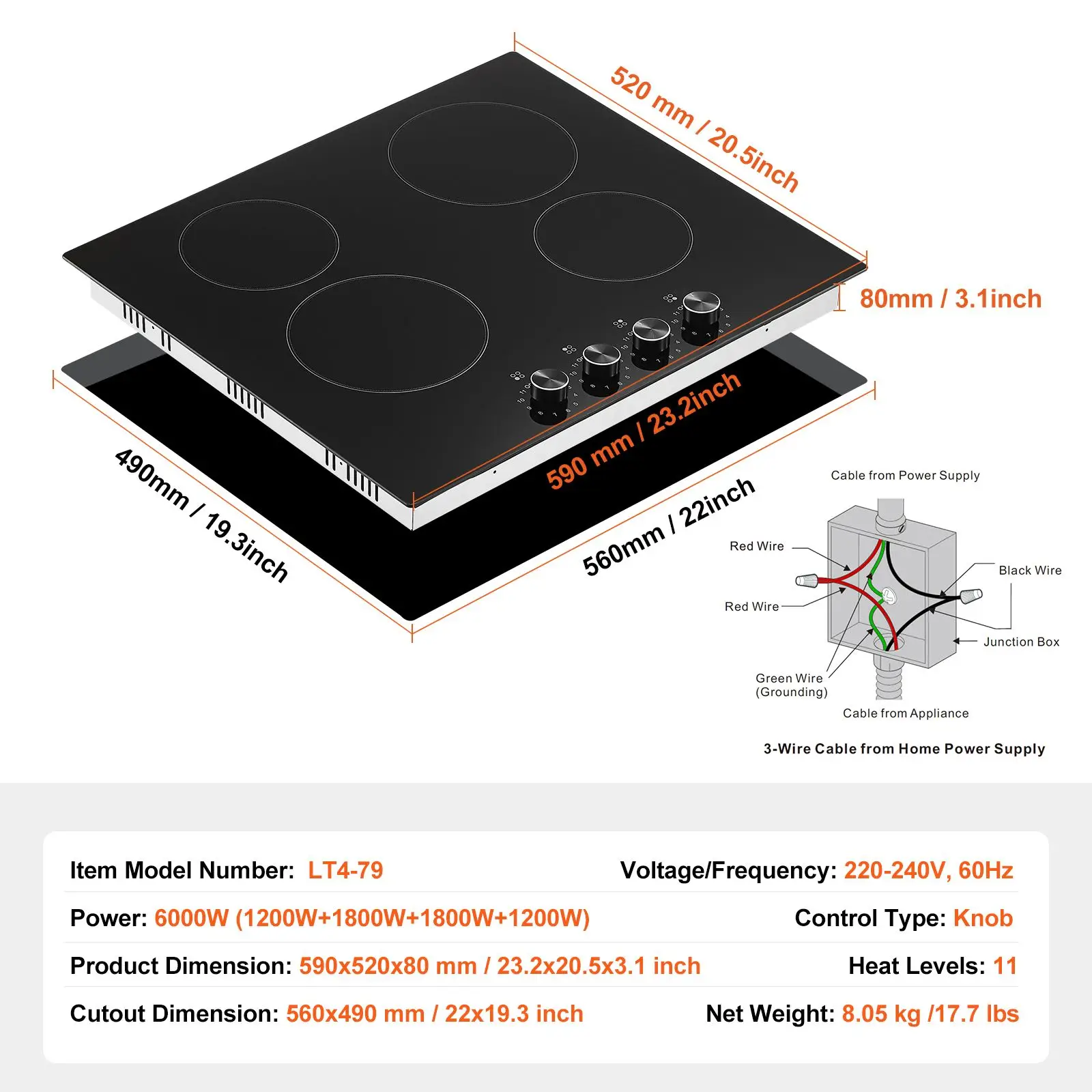 Electric Cooktop, 24 inch 4 Burners Built-in Electric Stove Top, 6000W Ceramic Top Radiant Cooktop, with Glass Panel, Knob Control, 11 Heat Levels, 220-240V, Hard Wire (No Plug)