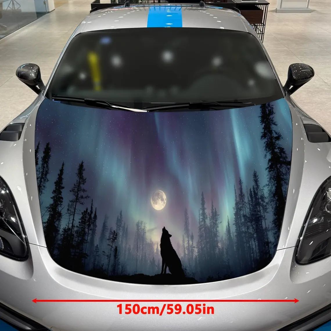 Car Decals A Wolf Under Mesmerizing Aurora Borealis In Arctic Landscape With Silhouetted Trees And Lunar Glow Car Hood Sticker,