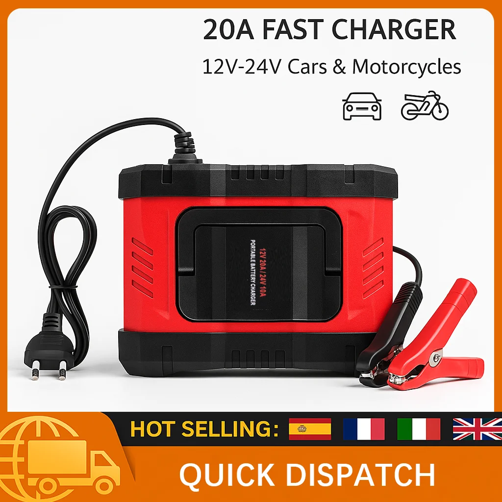 

20A 300W Portable Car Motorcycle Battery Charger 12V/24V Smart Automatic Pulse Repair Charger Maintainer for Lead-Acid AGM Gel