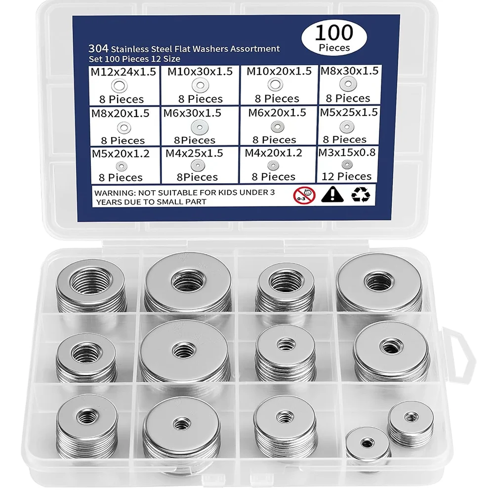 Kit de arandelas surtidas de 100 piezas Arandelas planas de metal de acero inoxidable 304 para tornillos y pernos M3-M12 Herramienta de hardware grande y pequeña