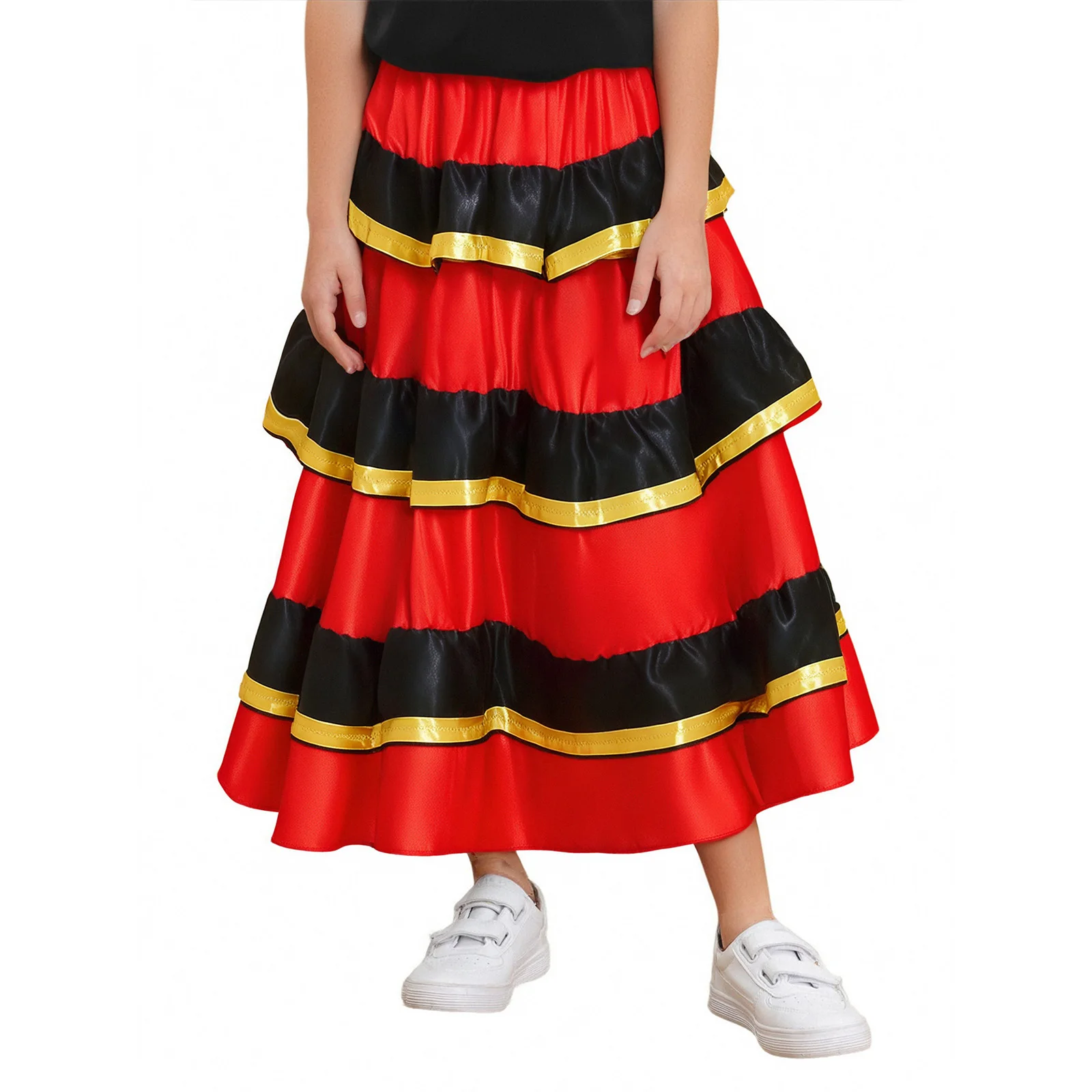 Girls Long Swing Tiered Skirt for Flamenco Ballroom Dancing Mexican Spanish Bull Dance Performance Costume Folk Belly Long Skirt