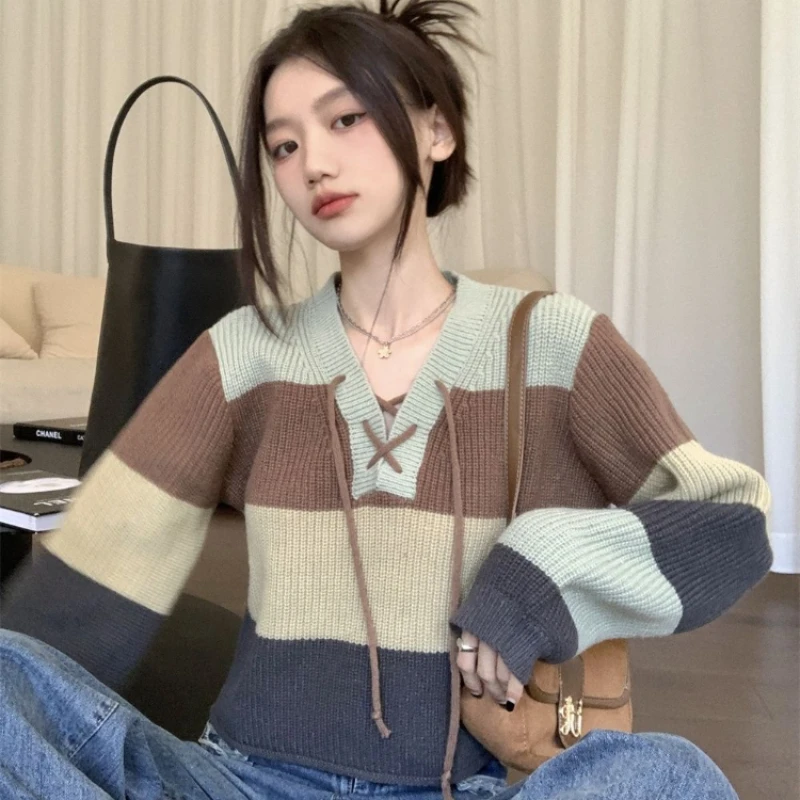 V-neck Pullovers Women Striped Panelled Knitting Autumn Leisure Design Loose Short Long-sleeves Lovely Sweet Girls Korean-style