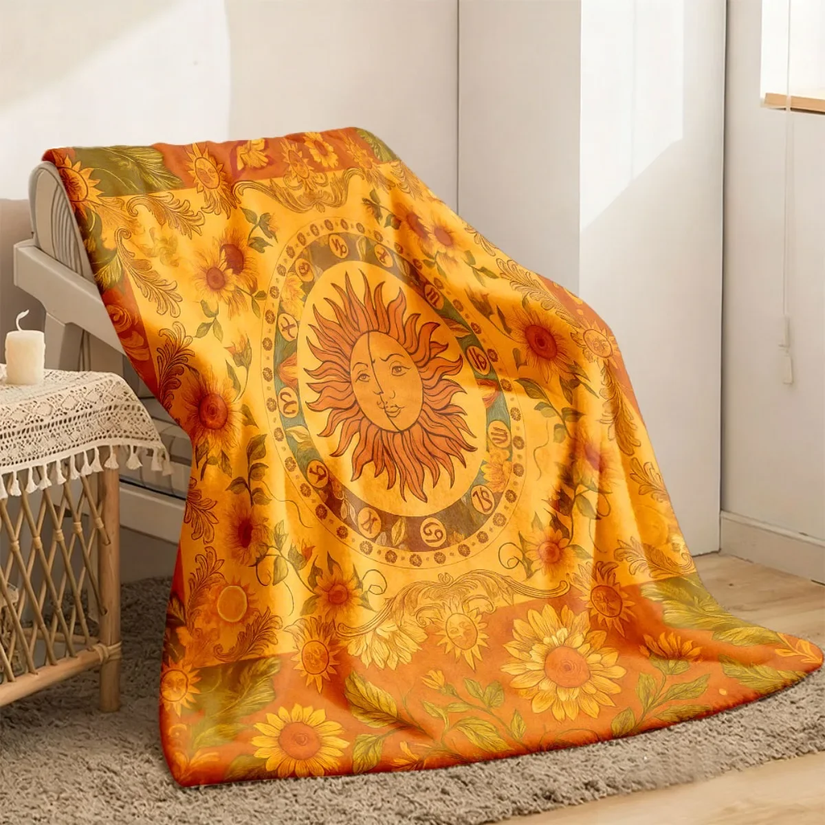 Vintage Sun Face Zodiac Signs Sunflower Leaf Retro Print Soft Flannel Blanket Bohemian Decor Throw for Sofa Bedroom Home Use
