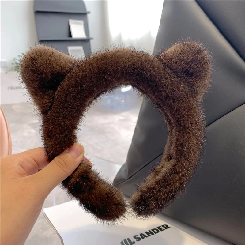 2024 New Style Four Seasons Girl Hair Accessories Fashion Hair Clip Real Mink Fur Hair Bands For Women Luxury Fur Ears Hair Band