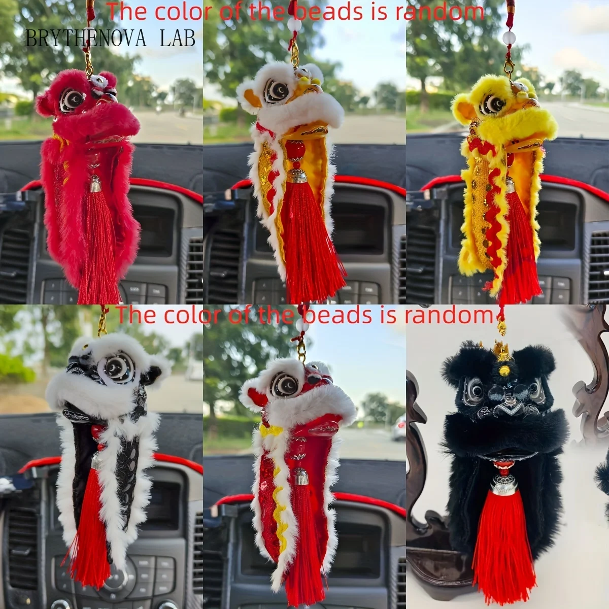 1pc Chinese Dance Lion Car Hanging Ornament Chinese Knot Tassel Rear View Mirror Lucky Charm for Home Door Knob Festival Spring