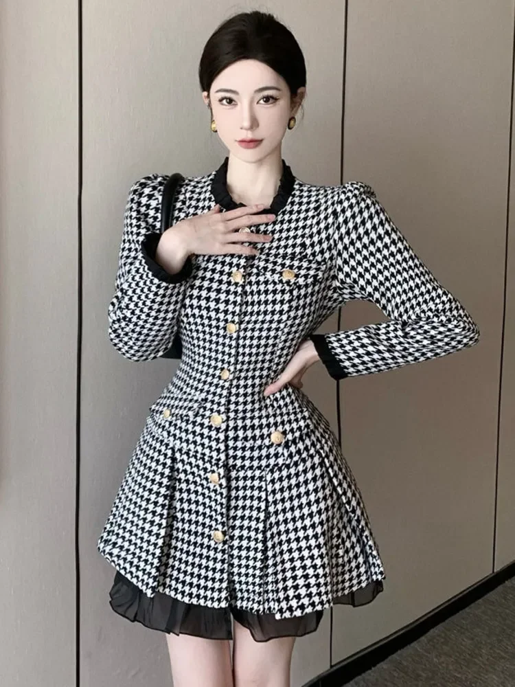 

Autumn Winter Fashion Small Fragrance Dresses For Women Korean OL Houndstooth Single Breasted Slim Waist Mini Pleated Dress Robe