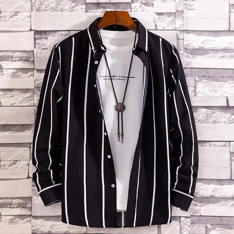 Men's Striped Shirt Long Sleeve All-Match Slim Fit Korean Fashion Black Blue Print Shirts Non-iron Casual Business Dress Shirts