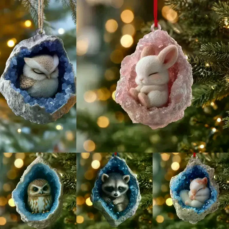 2D Flat Acrylic Cute Cartoon Animal Rabbit Owl Raccoon Pendant Christmas Tree Hanging Ornaments Home Decor Creative Xmas Gift