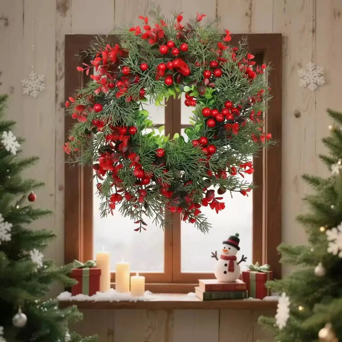 Künstlicher roter Beerenkranz, 35 cm, Weihnachtsdekoration, Hängegirlande für Winter, Festival, Weihnachten, Wanddekoration im Freien, gefälschter Kranz – Detail 5