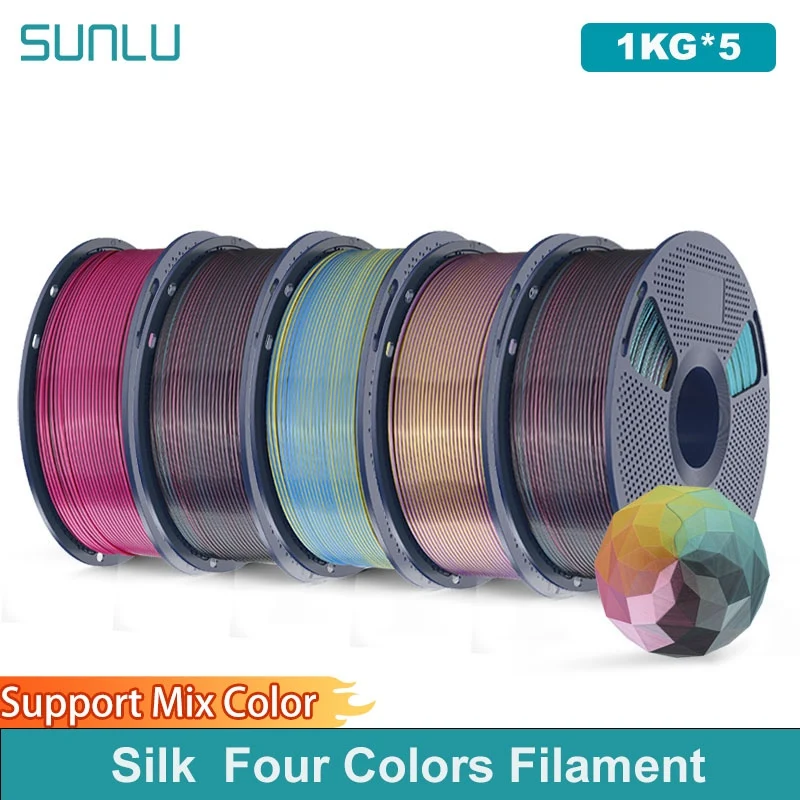 

SUNLU 5KG Silk PLA Plus Four Colors Filament 1KG 1.75mm Pla+ Rabinbow Four Colors Neatly Wound 3D Filament for 3D Printer