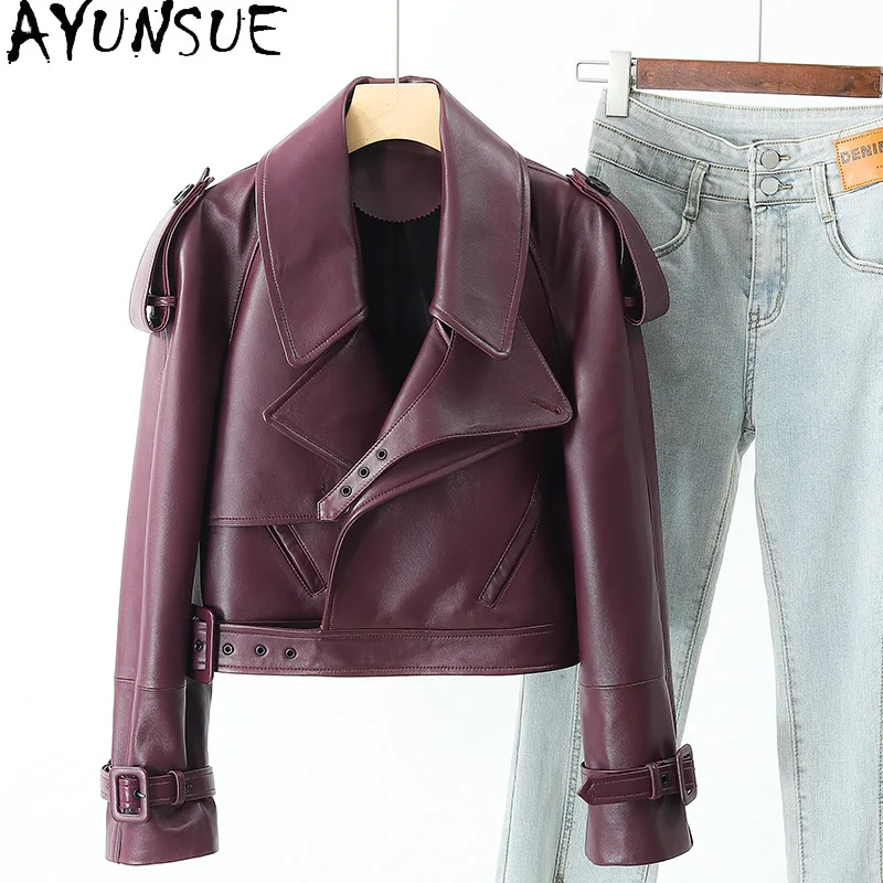 AYUNSUE Sheepskin จริงหนังแจ็คเก็ตเสื้อผ้าผู้หญิง 2025 รถจักรยานยนต์แจ็คเก็ตหลวม Fit ฤดูใบไม้ผลิฤดูใบไม้ร่วงสตรีเสื้อ Jaqueta De Couro
