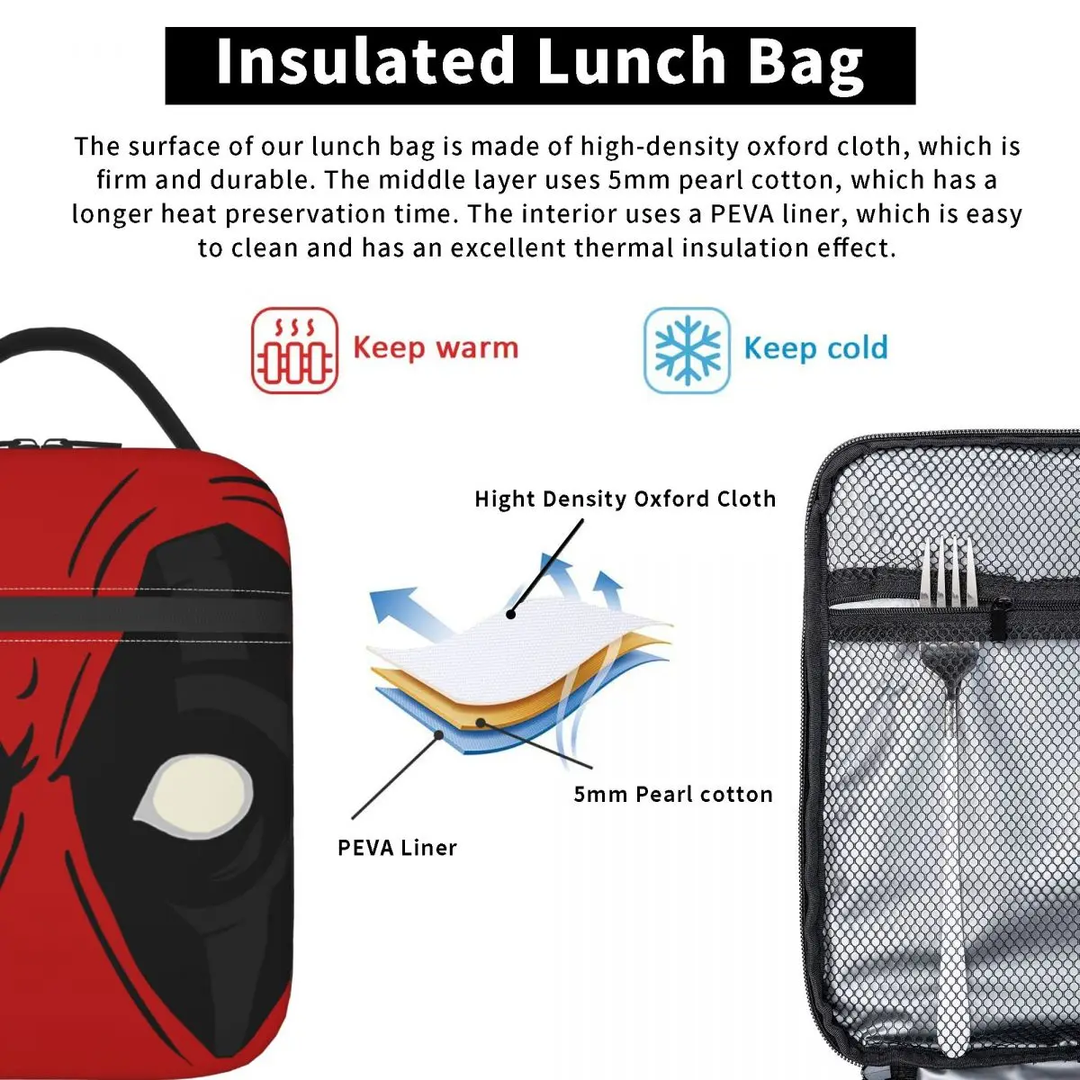 Isolierte Lunchtaschen mit Deadpool-Augen, auslaufsicherer Essensbehälter, Thermotasche, Tragetasche, Lunchbox, Strand, Picknick, Lebensmitteltasche