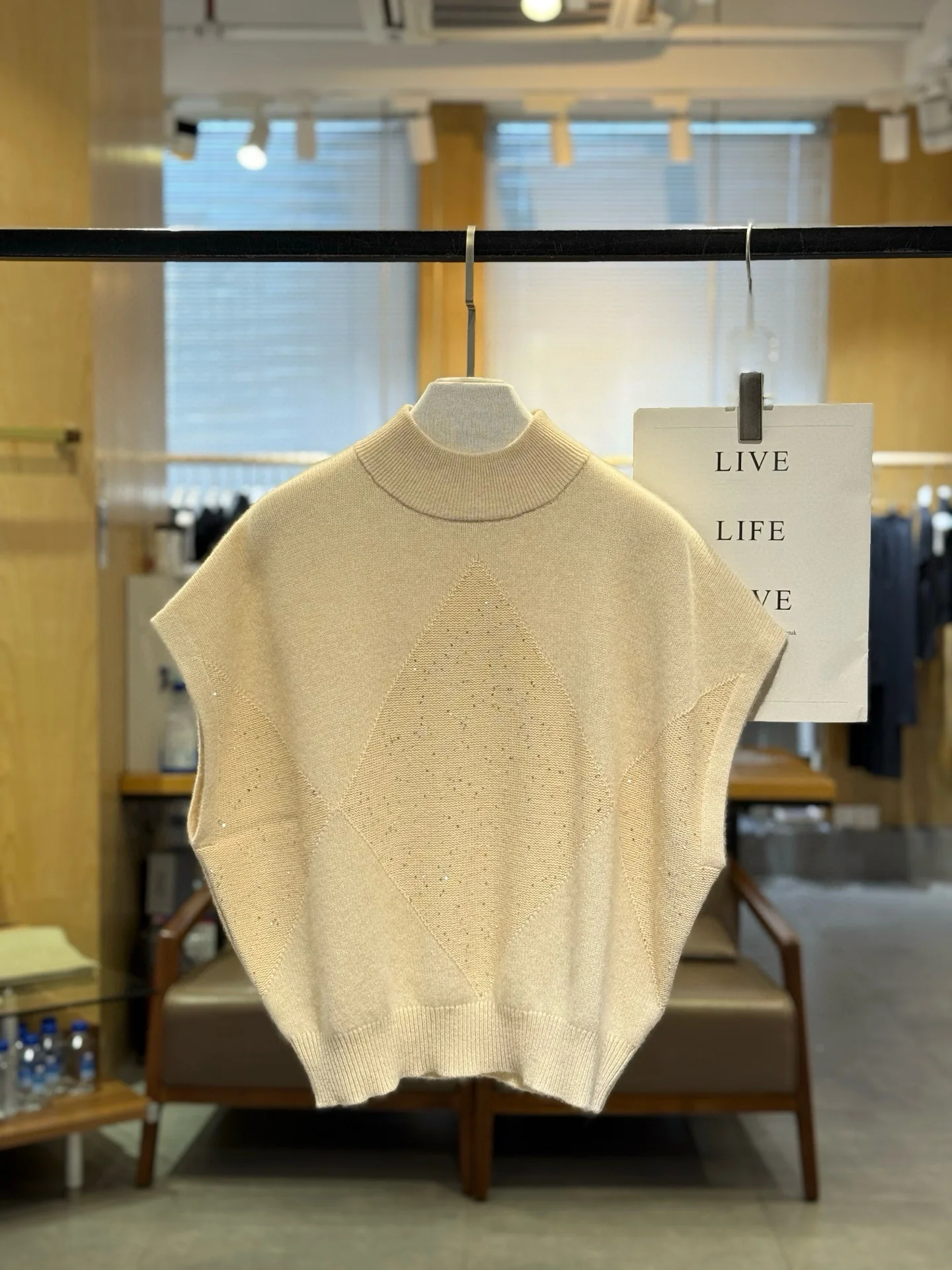 

Новинка осени 202, женский топ B * C с ромбовидным дизайном и полувысоким воротником, 100% кашемир