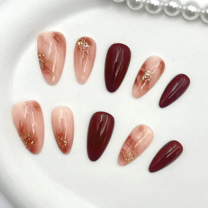 

10 шт., красный миндаль ручной работы, пресс для ногтей, полное покрытие, золотая фольга, блестящий дизайн, накладные ногти, маникюр, носимые съемные типсы для ногтей