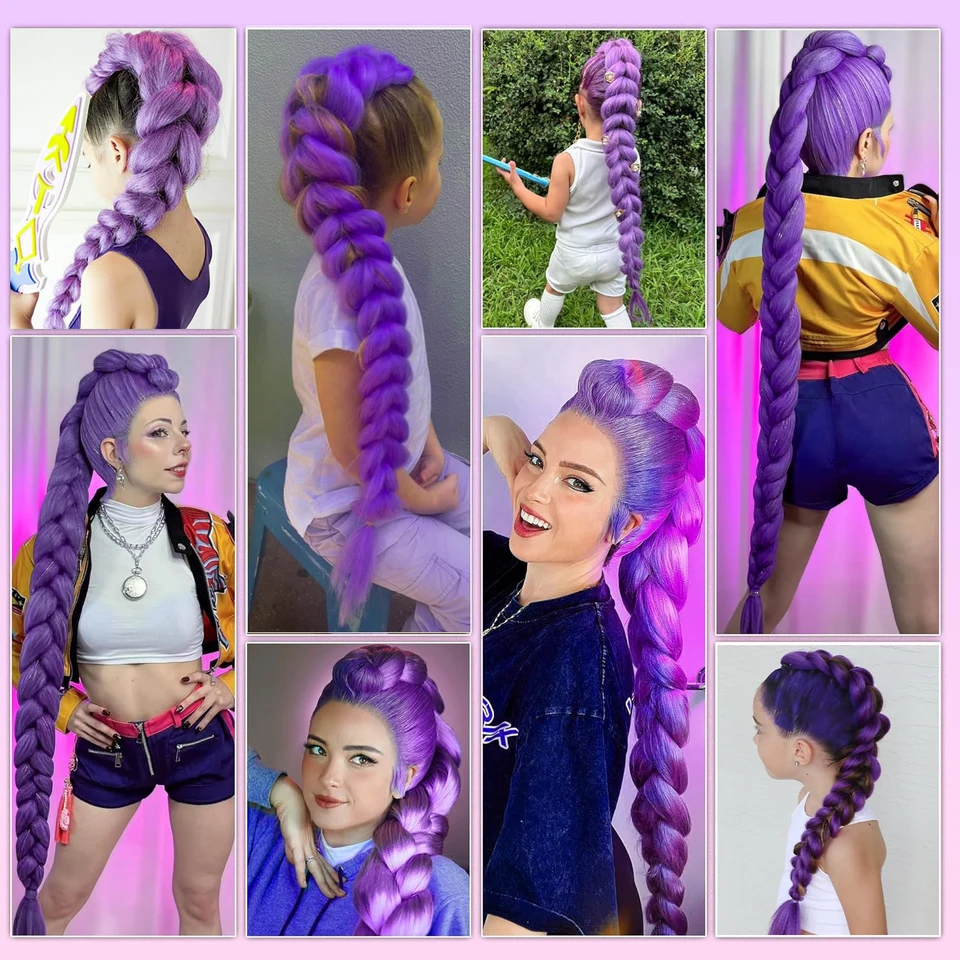 Cabello morado largo para trenzas 2 paquetes sintético extensiones para trenzas suave Yaki preestirado para cosplay 6