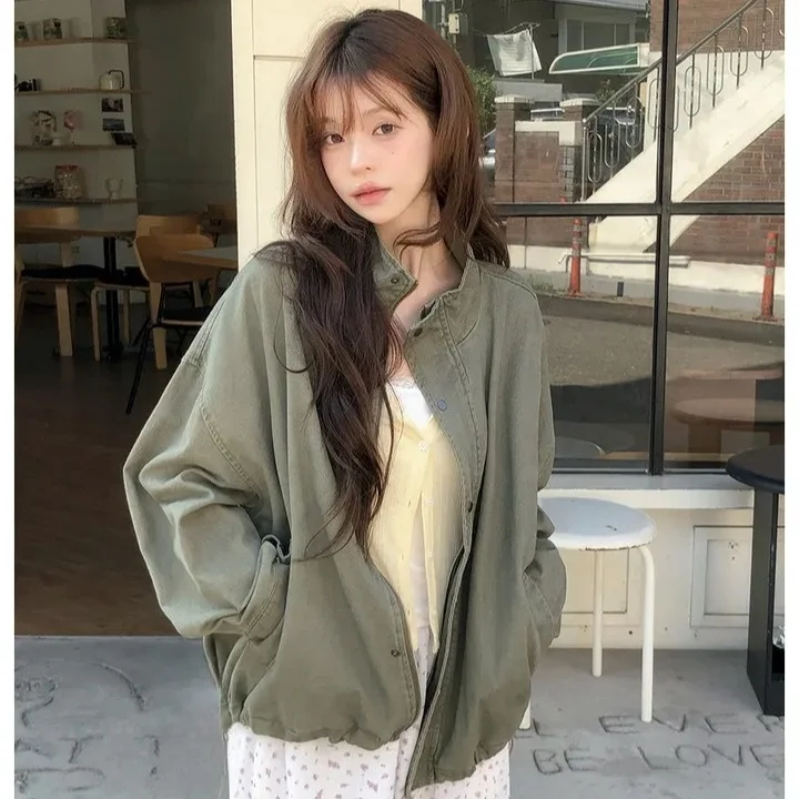 Retro Distressed Loose Shoulder Drop Shoulder Stand Collar Workwear Jacket for Women Long Sleeve Zipper Closure Versatile Style