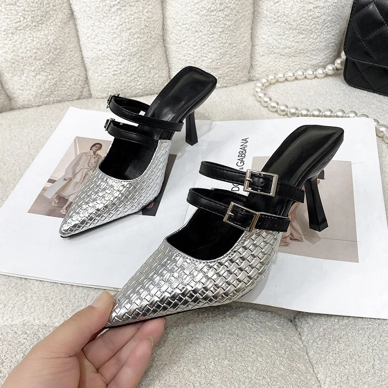 

Women's spring and summer belt buckle Baotou half slippers outside wear big yards pointed fine with high heels