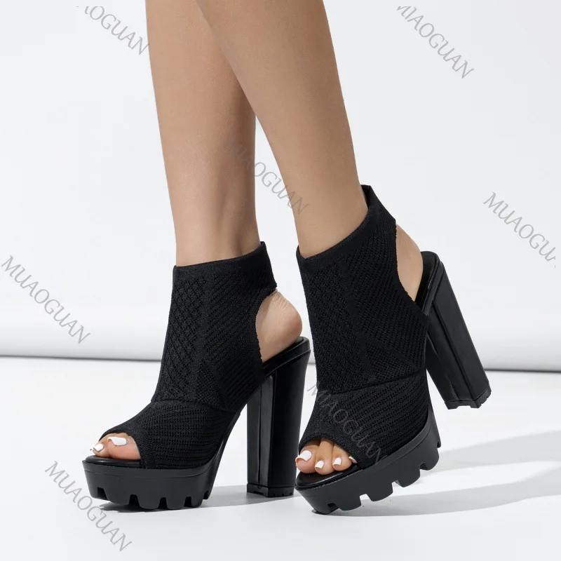 Summer New Women's Heels Shoes  Knitted Breathable Block Heel Sandals Fashion Comfortable Open Toe Party Elegant Heeled Pumps view 4