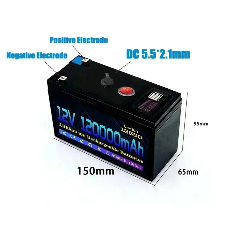 12V Battery 120Ah 18650 Lithium Battery Pack Rechargeable Battery for Solar Energy Electric Vehicle Battery+12.6v3A Charger