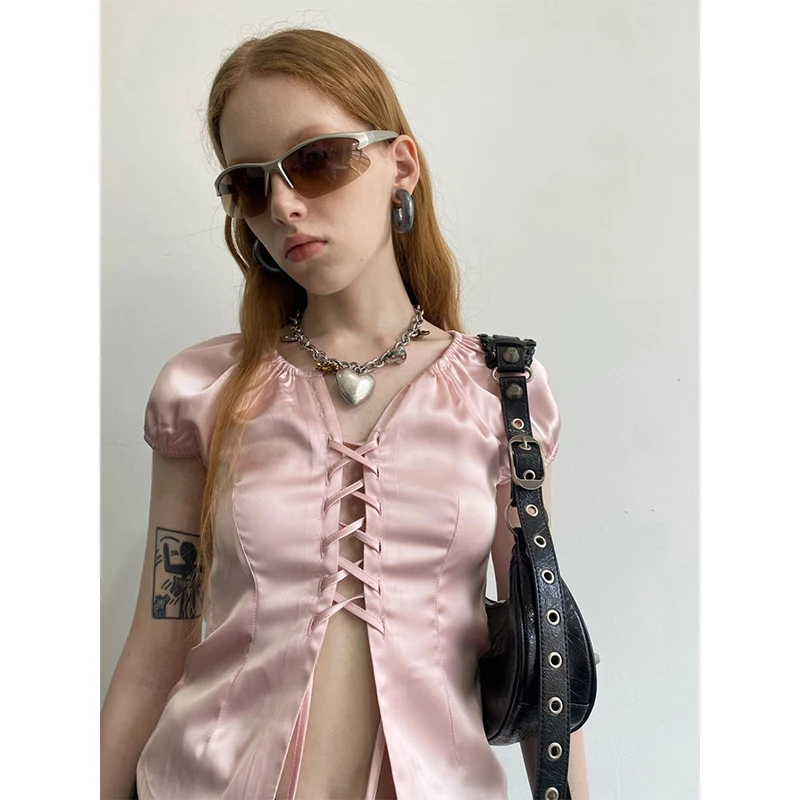 MEXZT Y2K Cropped Pink Shirts Women Sexy Hollow Out Bandage Blouses Summer Korean Aesthetic Fashion Short Sleeve Slim Tops New